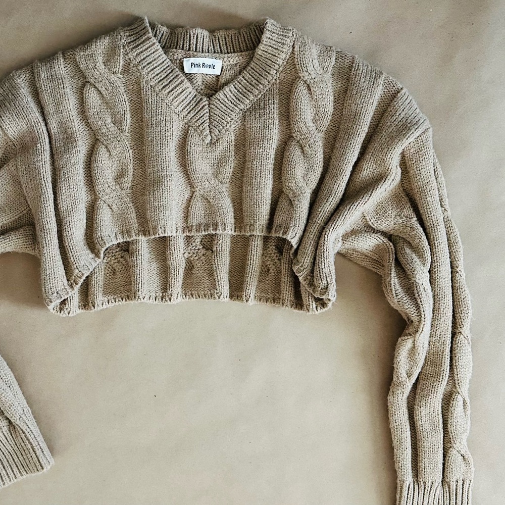 Cream V-Neck Cropped Sweater